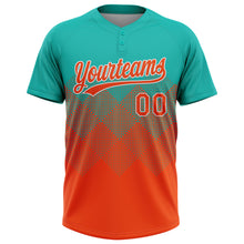 Laden Sie das Bild in den Galerie-Viewer, Custom Aqua Orange-White 3D Gradient Square Shape Two-Button Unisex Softball Jersey