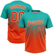 Laden Sie das Bild in den Galerie-Viewer, Custom Aqua Orange-White 3D Gradient Square Shape Two-Button Unisex Softball Jersey