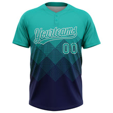 Laden Sie das Bild in den Galerie-Viewer, Custom Aqua Navy-White 3D Gradient Square Shape Two-Button Unisex Softball Jersey