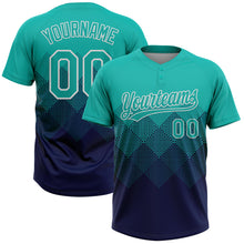 Laden Sie das Bild in den Galerie-Viewer, Custom Aqua Navy-White 3D Gradient Square Shape Two-Button Unisex Softball Jersey