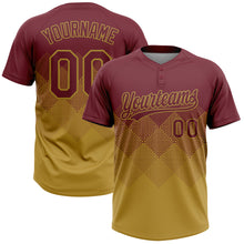 Загрузить изображение в средство просмотра галереи, Custom Burgundy Old Gold 3D Gradient Square Shape Two-Button Unisex Softball Jersey