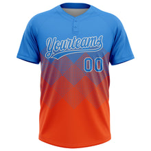 Laden Sie das Bild in den Galerie-Viewer, Custom Electric Blue Orange-White 3D Gradient Square Shape Two-Button Unisex Softball Jersey