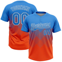 Laden Sie das Bild in den Galerie-Viewer, Custom Electric Blue Orange-White 3D Gradient Square Shape Two-Button Unisex Softball Jersey