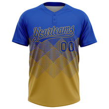 Laden Sie das Bild in den Galerie-Viewer, Custom Thunder Blue Old Gold 3D Gradient Square Shape Two-Button Unisex Softball Jersey