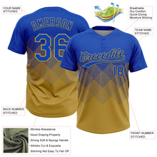 Laden Sie das Bild in den Galerie-Viewer, Custom Thunder Blue Old Gold 3D Gradient Square Shape Two-Button Unisex Softball Jersey