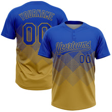 Laden Sie das Bild in den Galerie-Viewer, Custom Thunder Blue Old Gold 3D Gradient Square Shape Two-Button Unisex Softball Jersey