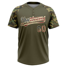 Загрузить изображение в средство просмотра галереи, Custom Olive Vintage USA Flag-Cream Salute To Service Camo Raglan Sleeves Two-Button Unisex Softball Jersey