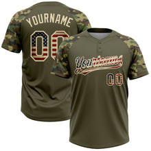 Загрузить изображение в средство просмотра галереи, Custom Olive Vintage USA Flag-Cream Salute To Service Camo Raglan Sleeves Two-Button Unisex Softball Jersey