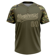 Загрузить изображение в средство просмотра галереи, Custom Olive Cream Salute To Service Camo Raglan Sleeves Two-Button Unisex Softball Jersey