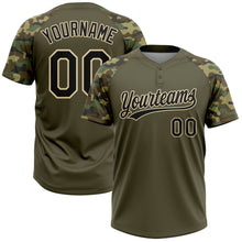 Charger l'image dans la galerie, Custom Olive Black-Cream Salute To Service Camo Raglan Sleeves Two-Button Unisex Softball Jersey