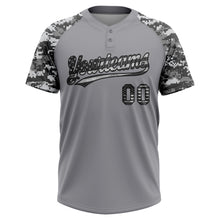 Загрузить изображение в средство просмотра галереи, Custom Gray Vintage USA Flag-Black Salute To Service Camo Raglan Sleeves Two-Button Unisex Softball Jersey