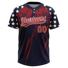 Загрузить изображение в средство просмотра галереи, Custom Navy Red-White Distressed Scratch Brush Stroke Star Raglan Sleeves Two-Button Unisex Softball Jersey
