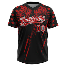 Загрузить изображение в средство просмотра галереи, Custom Black Red-White Distressed Scratch Brush Stroke Star Raglan Sleeves Two-Button Unisex Softball Jersey