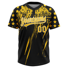 Загрузить изображение в средство просмотра галереи, Custom Black Yellow-White Distressed Scratch Brush Stroke Star Raglan Sleeves Two-Button Unisex Softball Jersey