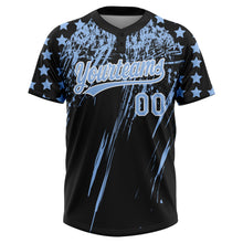 Загрузить изображение в средство просмотра галереи, Custom Black Light Blue-White Distressed Scratch Brush Stroke Star Raglan Sleeves Two-Button Unisex Softball Jersey