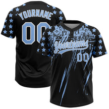 Загрузить изображение в средство просмотра галереи, Custom Black Light Blue-White Distressed Scratch Brush Stroke Star Raglan Sleeves Two-Button Unisex Softball Jersey
