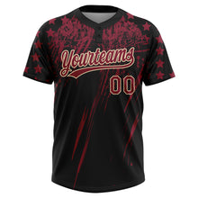 Загрузить изображение в средство просмотра галереи, Custom Black Crimson-Cream Distressed Scratch Brush Stroke Star Raglan Sleeves Two-Button Unisex Softball Jersey