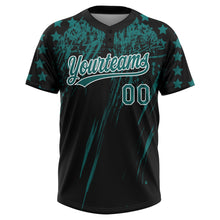Загрузить изображение в средство просмотра галереи, Custom Black Teal-White Distressed Scratch Brush Stroke Star Raglan Sleeves Two-Button Unisex Softball Jersey