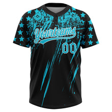 Загрузить изображение в средство просмотра галереи, Custom Black Lakes Blue-White Distressed Scratch Brush Stroke Star Raglan Sleeves Two-Button Unisex Softball Jersey