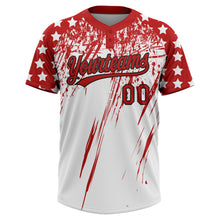 Загрузить изображение в средство просмотра галереи, Custom White Red-Black Distressed Scratch Brush Stroke Star Raglan Sleeves Two-Button Unisex Softball Jersey