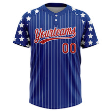 Загрузить изображение в средство просмотра галереи, Custom Royal White Pinstripe Red Star Raglan Sleeves Two-Button Unisex Softball Jersey