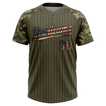 Charger l'image dans la galerie, Custom Olive Black Pinstripe Vintage USA Flag Salute To Service Camo Raglan Sleeves Two-Button Unisex Softball Jersey
