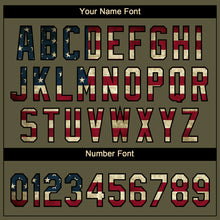 Charger l'image dans la galerie, Custom Olive Black Pinstripe Vintage USA Flag Salute To Service Camo Raglan Sleeves Two-Button Unisex Softball Jersey