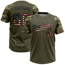 Charger l'image dans la galerie, Custom Olive Black Pinstripe Vintage USA Flag Salute To Service Camo Raglan Sleeves Two-Button Unisex Softball Jersey