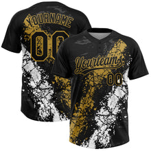 Laden Sie das Bild in den Galerie-Viewer, Custom Black Old Gold-White Dripping Splatter Cracked Texture Two-Button Unisex Softball Jersey
