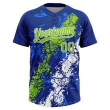 Загрузить изображение в средство просмотра галереи, Custom Royal Neon Green-White Dripping Splatter Cracked Texture Two-Button Unisex Softball Jersey