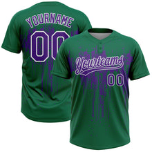 Загрузить изображение в средство просмотра галереи, Custom Kelly Green Purple-White Dripping Splatter Paint Two-Button Unisex Softball Jersey