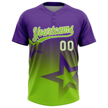 Загрузить изображение в средство просмотра галереи, Custom Purple Neon Green-White Gradient Style Twinkle Star Two-Button Unisex Softball Jersey