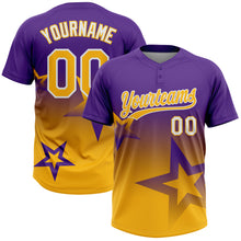 Laden Sie das Bild in den Galerie-Viewer, Custom Purple Gold-White Gradient Style Twinkle Star Two-Button Unisex Softball Jersey