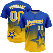 Load image into Gallery viewer, Custom Thunder Blue Yellow-White Gradient Style Twinkle Star Two-Button Unisex Softball Jersey