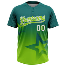 Laden Sie das Bild in den Galerie-Viewer, Custom Teal Neon Green-White Gradient Style Twinkle Star Two-Button Unisex Softball Jersey