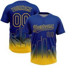 Load image into Gallery viewer, Custom Royal Yellow Los Angeles City Edition Gradient Two-Button Unisex Softball Jersey