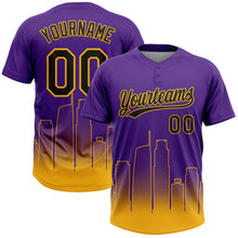Load image into Gallery viewer, Custom Purple Black-Gold Los Angeles City Edition Gradient Two-Button Unisex Softball Jersey