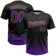 Load image into Gallery viewer, Custom Black Purple-Old Gold Baltimore City Edition Gradient Two-Button Unisex Softball Jersey
