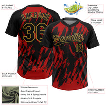 Laden Sie das Bild in den Galerie-Viewer, Custom Black Red-Old Gold Splatter Torn Sharp Brush Stroke Two-Button Unisex Softball Jersey