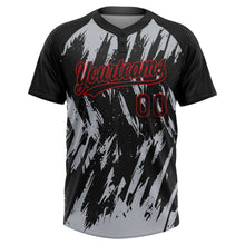 Load image into Gallery viewer, Custom Black Gray-Red Splatter Torn Sharp Brush Stroke Two-Button Unisex Softball Jersey