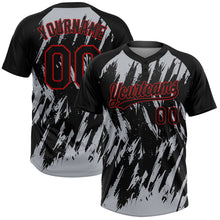 Load image into Gallery viewer, Custom Black Gray-Red Splatter Torn Sharp Brush Stroke Two-Button Unisex Softball Jersey