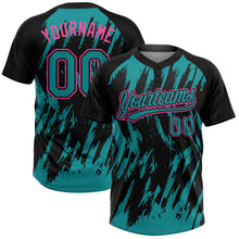 Charger l'image dans la galerie, Custom Black Teal-Pink Splatter Torn Sharp Brush Stroke Two-Button Unisex Softball Jersey