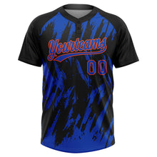Charger l'image dans la galerie, Custom Black Thunder Blue-Orange Splatter Torn Sharp Brush Stroke Two-Button Unisex Softball Jersey