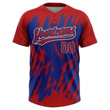 Load image into Gallery viewer, Custom Red Royal-White Splatter Torn Sharp Brush Stroke Two-Button Unisex Softball Jersey