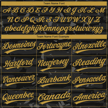 Загрузить изображение в средство просмотра галереи, Custom Black-Old Gold Raglan Sleeves Distressed Fragment Brush Stroke Two-Button Unisex Softball Jersey