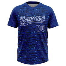 Load image into Gallery viewer, Custom Royal-White Raglan Sleeves Distressed Fragment Brush Stroke Two-Button Unisex Softball Jersey