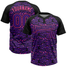 Load image into Gallery viewer, Custom Purple Black-Pink Raglan Sleeves Distressed Fragment Brush Stroke Two-Button Unisex Softball Jersey