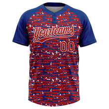 Load image into Gallery viewer, Custom Red Royal-White Raglan Sleeves Distressed Fragment Brush Stroke Two-Button Unisex Softball Jersey