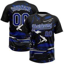 Laden Sie das Bild in den Galerie-Viewer, Custom Black Royal-White Raglan Sleeves Abstract Fluid Marble Two-Button Unisex Softball Jersey