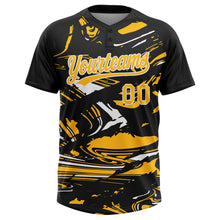 Charger l'image dans la galerie, Custom Black Gold-White Raglan Sleeves Abstract Fluid Marble Two-Button Unisex Softball Jersey